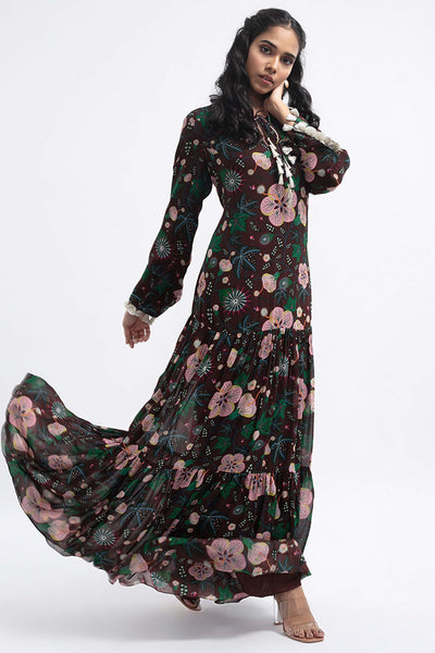 Payal Singhal Brown Colour Printed Art Georgette Tiered Dress indian designer wear womenswear online shopping melange singapore