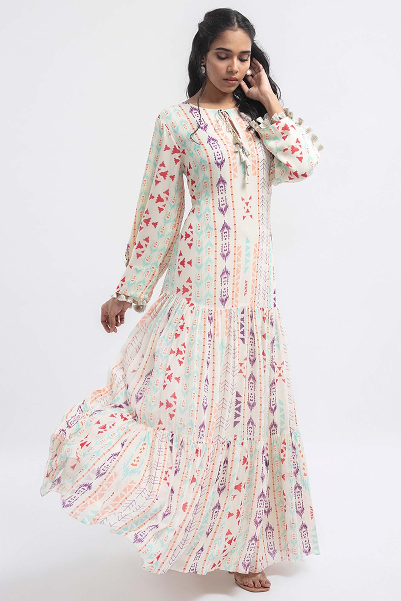 Payal Singhal White Colour Printed Art Georgette Tiered Dress indian designer wear womenswear online shopping melange singapore