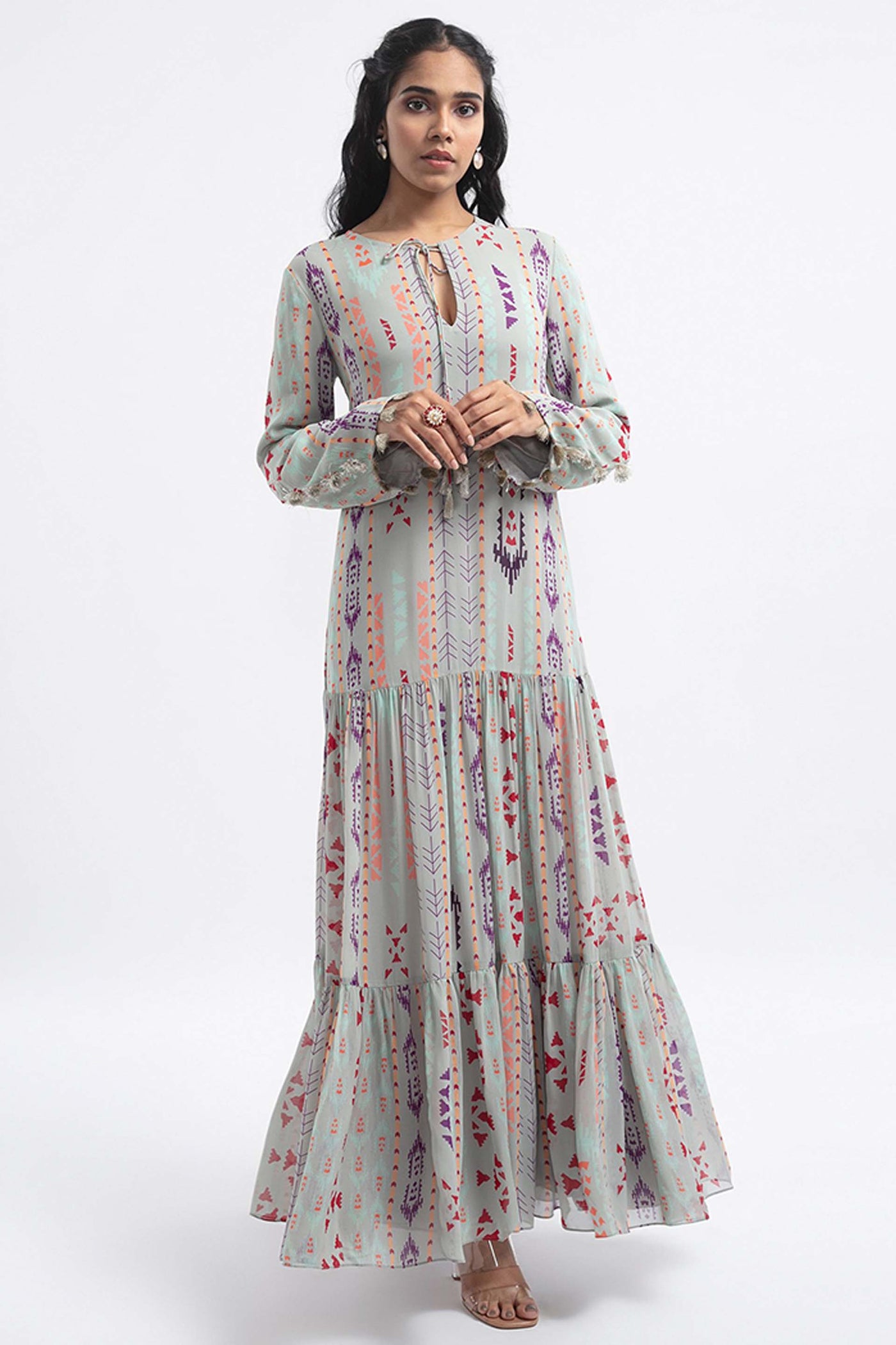 Payal Singhal Grey Colour Printed Art Georgette Tiered Dress indian designer wear womenswear online shopping melange singapore