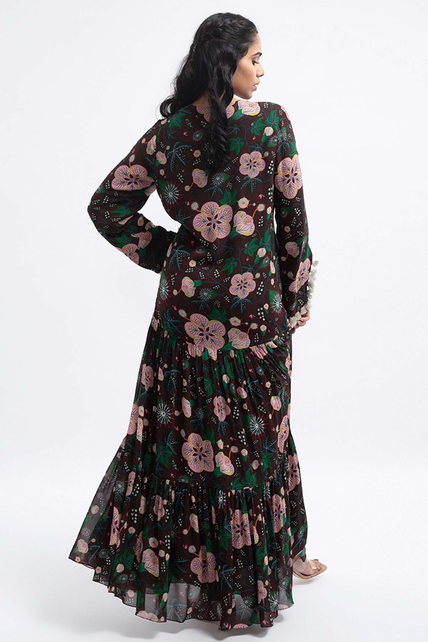 Payal Singhal Brown Colour Printed Art Georgette Tiered Dress indian designer wear womenswear online shopping melange singapore
