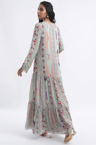 Payal Singhal Grey Colour Printed Art Georgette Tiered Dress indian designer wear womenswear online shopping melange singapore