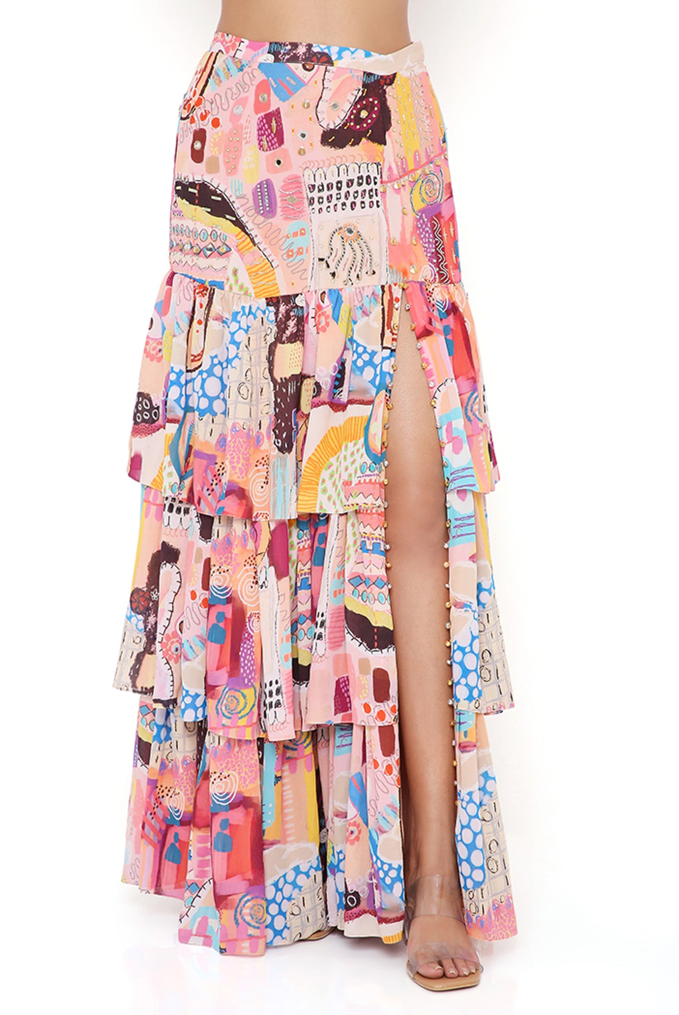 payal singhal Trance Print Georgette Embroidered Top With Layered Front Slit Skirt online shopping melange singapore indian designer wear peach