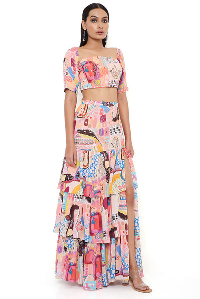 payal singhal Trance Print Georgette Embroidered Top With Layered Front Slit Skirt online shopping melange singapore indian designer wear peach