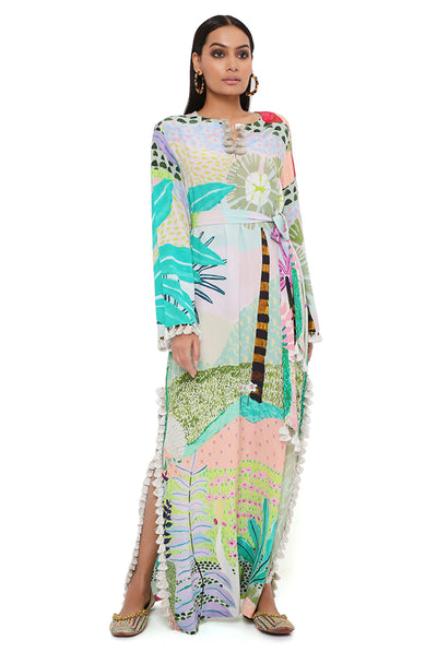 payal singhal Tropical Print Crepe Long Beyza Kaftan green online shopping melange singapore indian designer wear