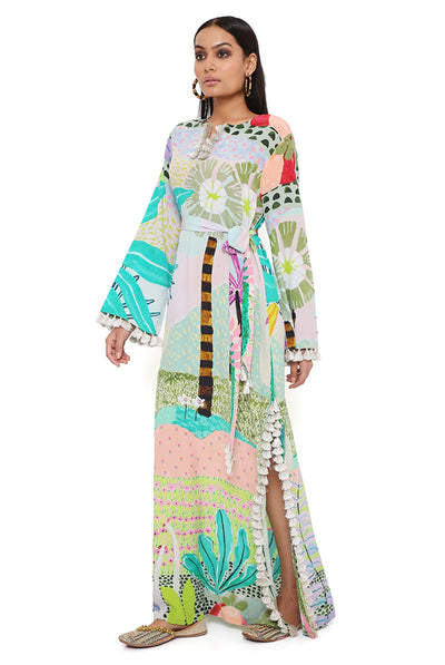 payal singhal Tropical Print Crepe Long Beyza Kaftan green online shopping melange singapore indian designer wear