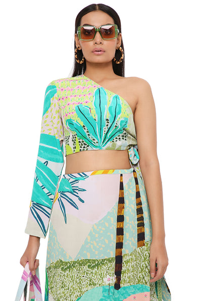 payal singhal Tropical Print Crepe One Shoulder Top And Skirt festive indian designer wear online shopping melange singapore