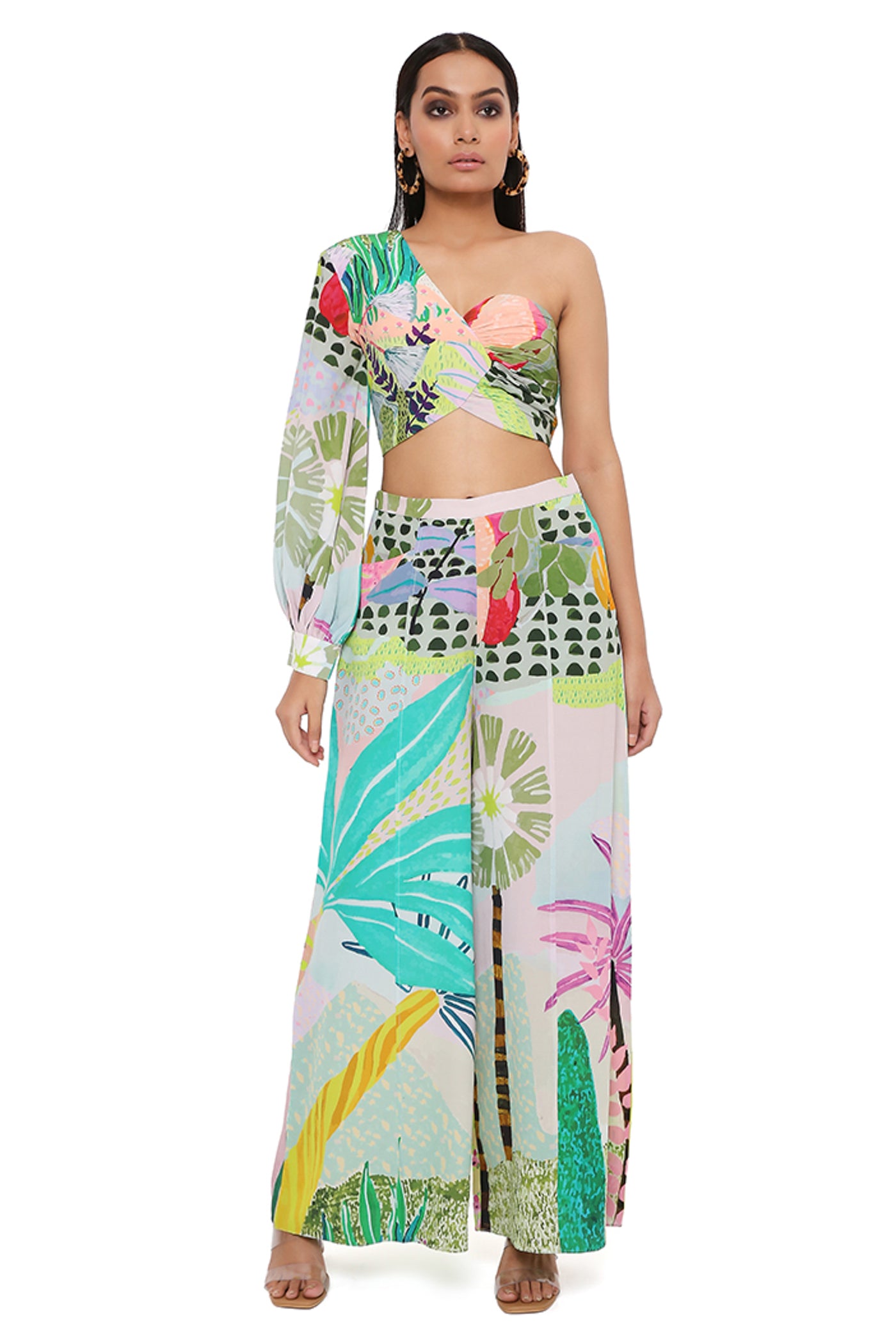 payal singhal Tropical Print Crepe One Shoulder Top With Palazzo green festive indian designer wear online shopping melange singapore