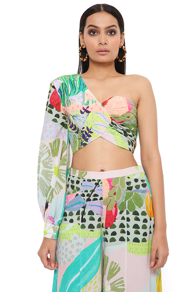 payal singhal Tropical Print Crepe One Shoulder Top With Palazzo green festive indian designer wear online shopping melange singapore