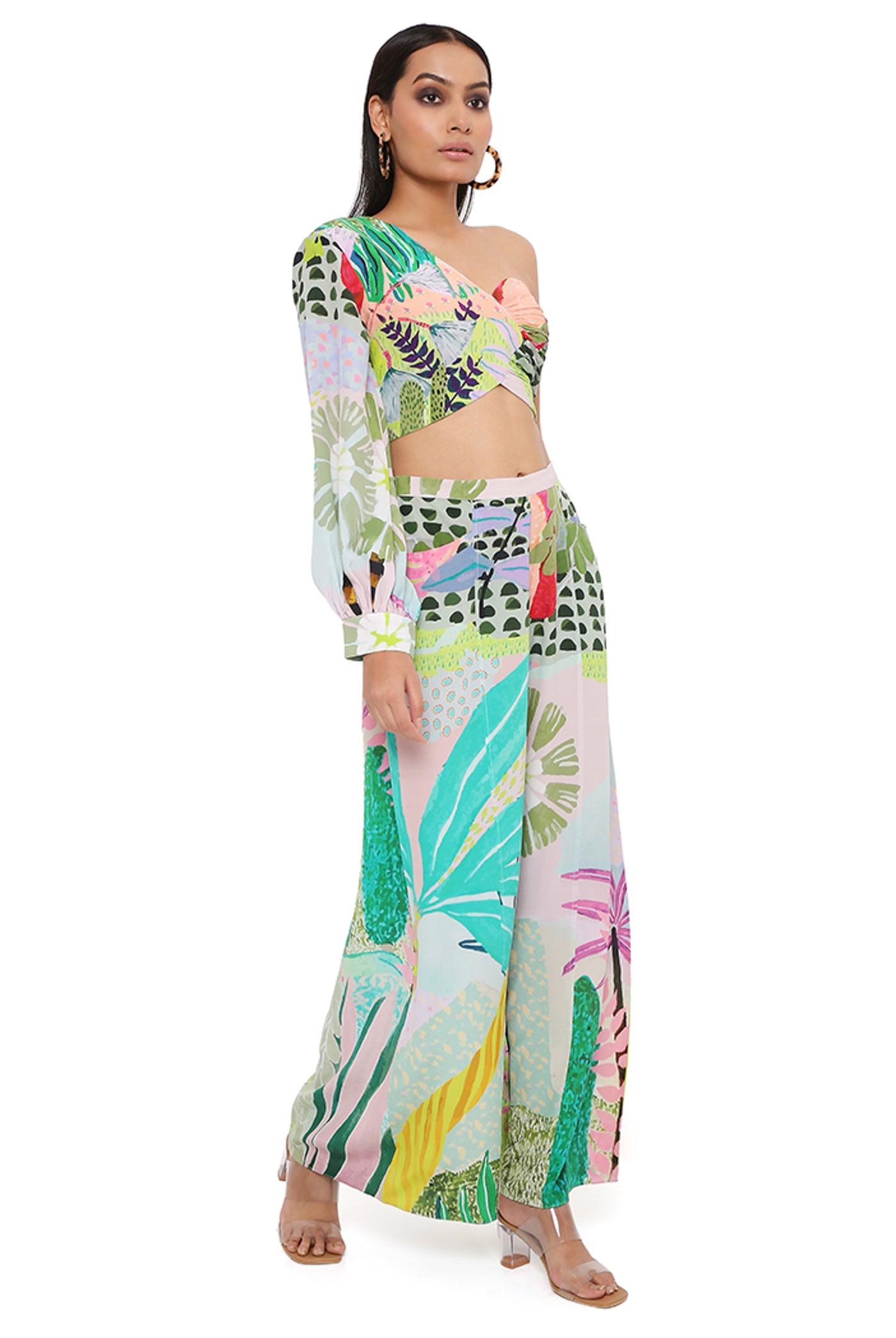 payal singhal Tropical Print Crepe One Shoulder Top With Palazzo green festive indian designer wear online shopping melange singapore