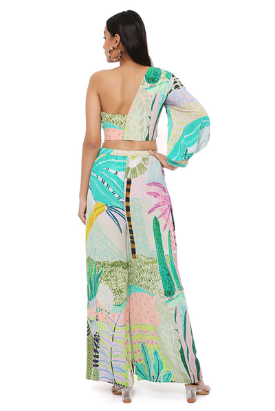 payal singhal Tropical Print Crepe One Shoulder Top With Palazzo green festive indian designer wear online shopping melange singapore