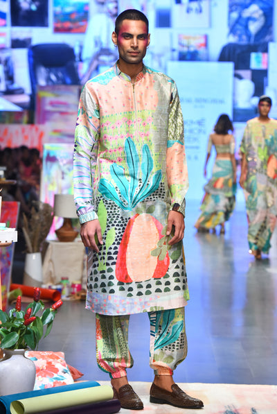 Payal singhal menswear Wanderlust Tropical Print Dupion Silk Bomber Kurta With Jogger Pants festive indian designer wear online shopping melange singapore