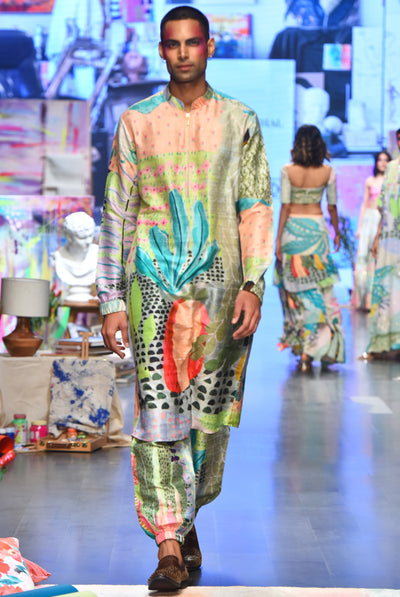 Payal singhal menswear Wanderlust Tropical Print Dupion Silk Bomber Kurta With Jogger Pants festive indian designer wear online shopping melange singapore