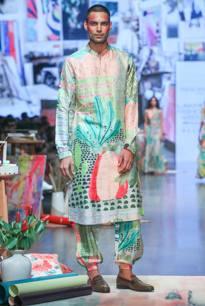 Payal singhal menswear Wanderlust Tropical Print Dupion Silk Bomber Kurta With Jogger Pants festive indian designer wear online shopping melange singapore