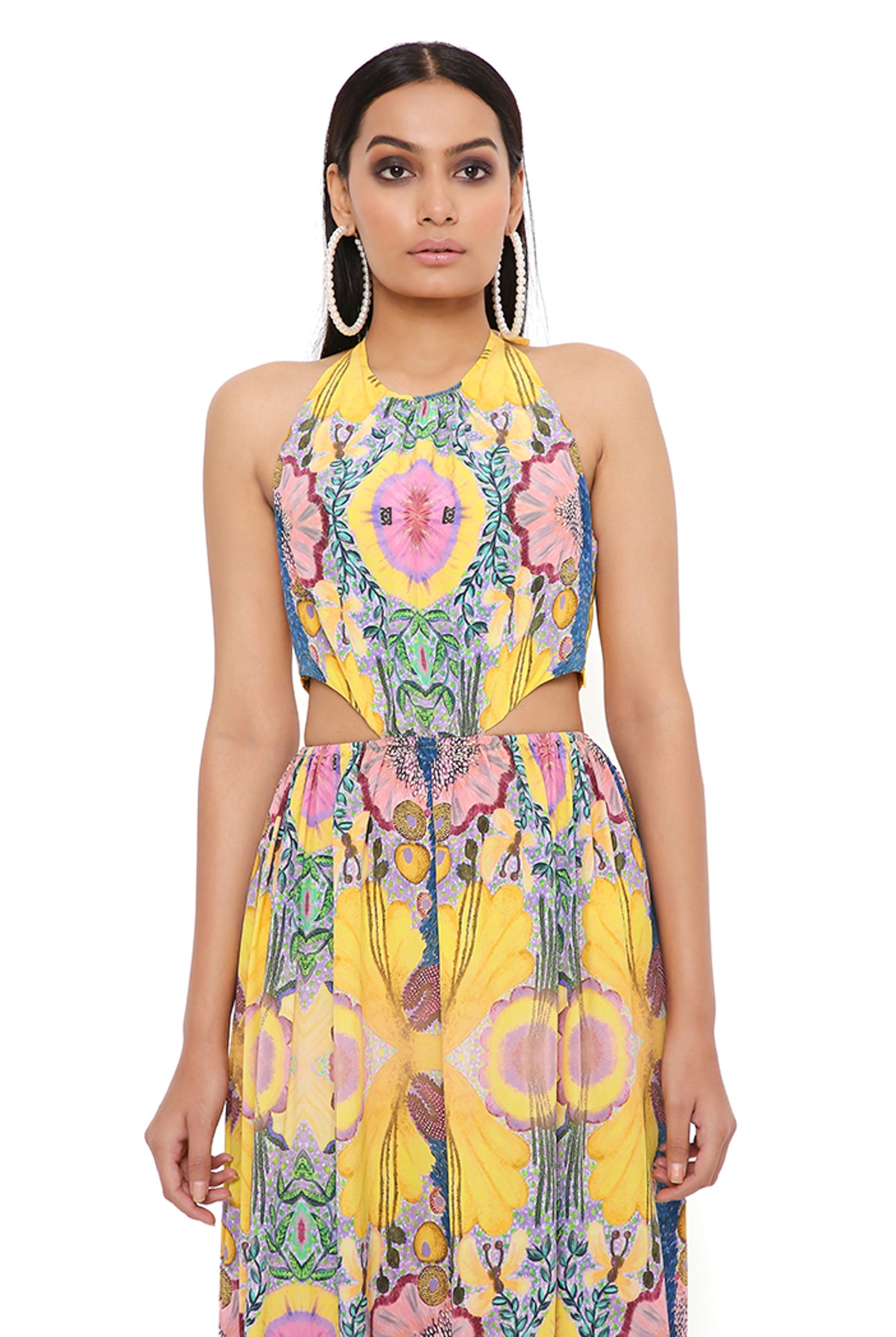 payal singhal Yellow Enchanted Print Crepe Cut-Out Dress online shopping melange singapore indian designer wear