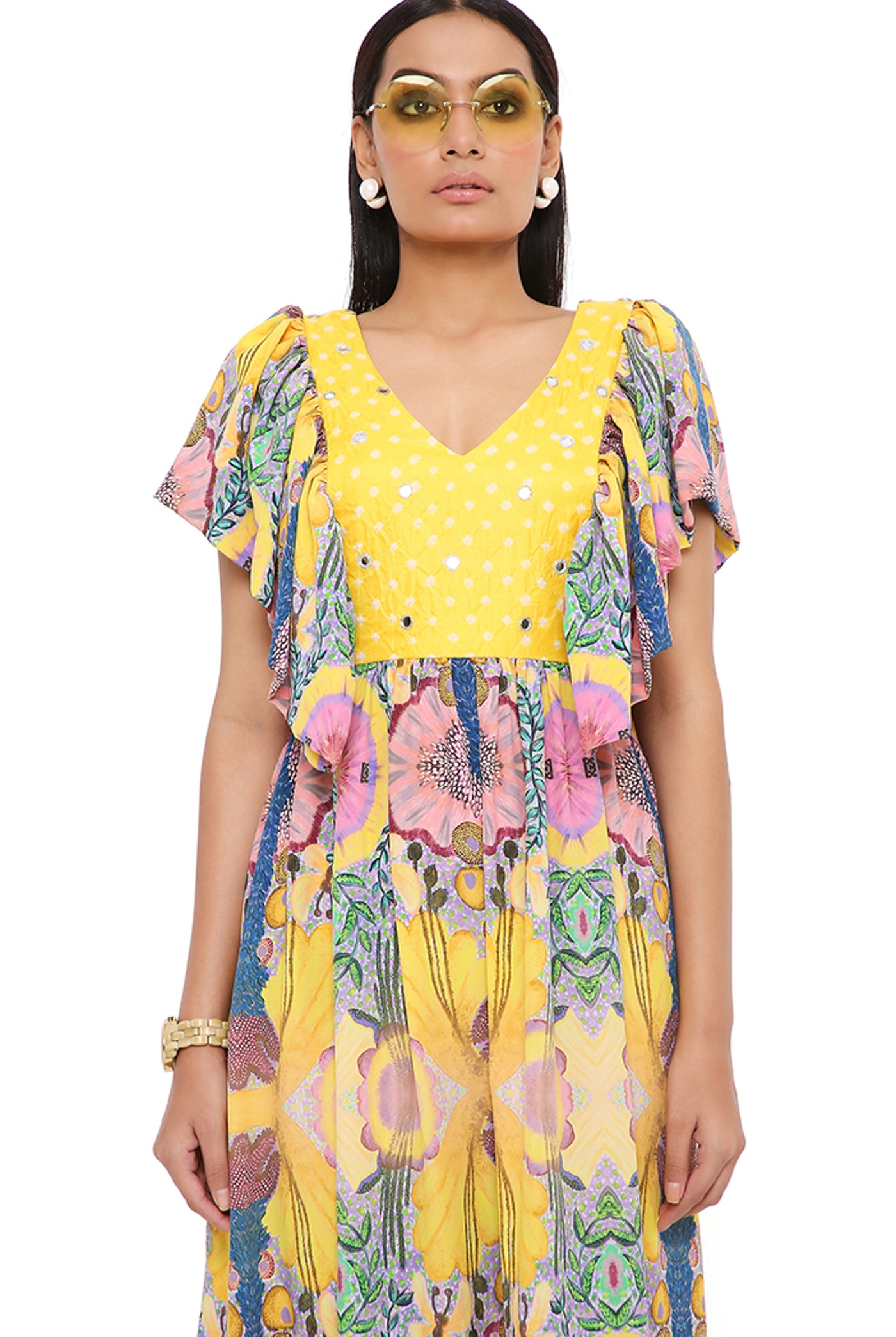 payal singhal Yellow Enchanted Print Crepe Dress With Bandhani Embroidered Yoke online shopping melange singapore indian designer wear