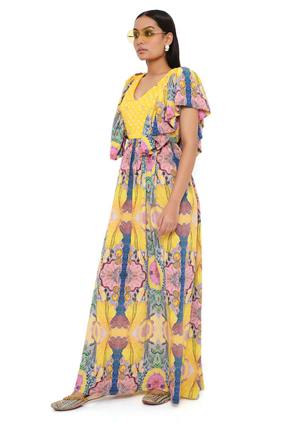 payal singhal Yellow Enchanted Print Crepe Dress With Bandhani Embroidered Yoke online shopping melange singapore indian designer wear