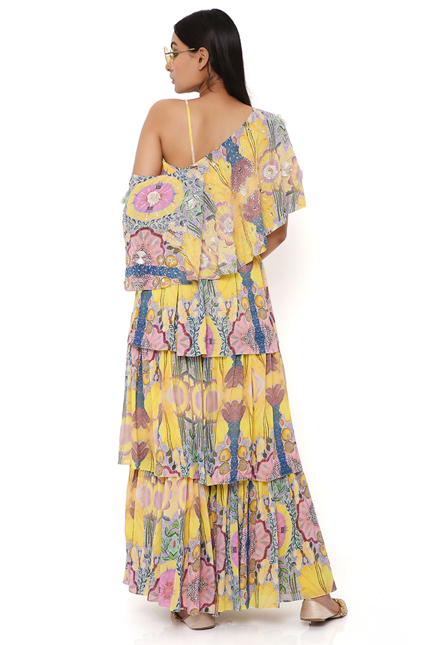 payal singhal Yellow Enchanted Print Crepe One Shoulder Top With Frill Sharara festive indian designer wear online shopping melange singapore