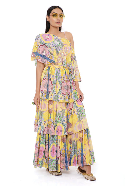 payal singhal Yellow Enchanted Print Crepe One Shoulder Top With Frill Sharara festive indian designer wear online shopping melange singapore
