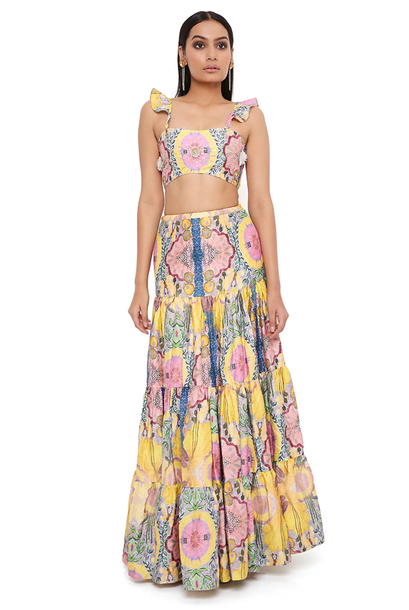 payal singhal Yellow Enchanted Print Silk Embroidered Bustier With A Skirt festive indian designer wear online shopping melange singapore