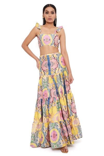 payal singhal Yellow Enchanted Print Silk Embroidered Bustier With A Skirt festive indian designer wear online shopping melange singapore