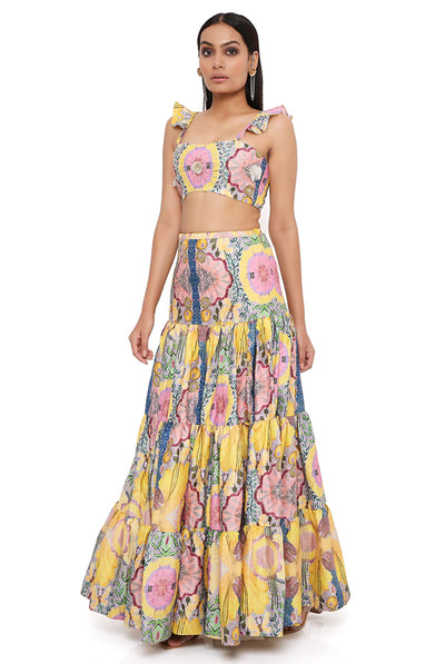 payal singhal Yellow Enchanted Print Silk Embroidered Bustier With A Skirt festive indian designer wear online shopping melange singapore