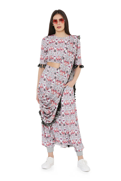 Payal Singhal Printed Balloon Top With Low Crotch Pants And Dupatta grey fusion indian designer wear online shopping melange singapore