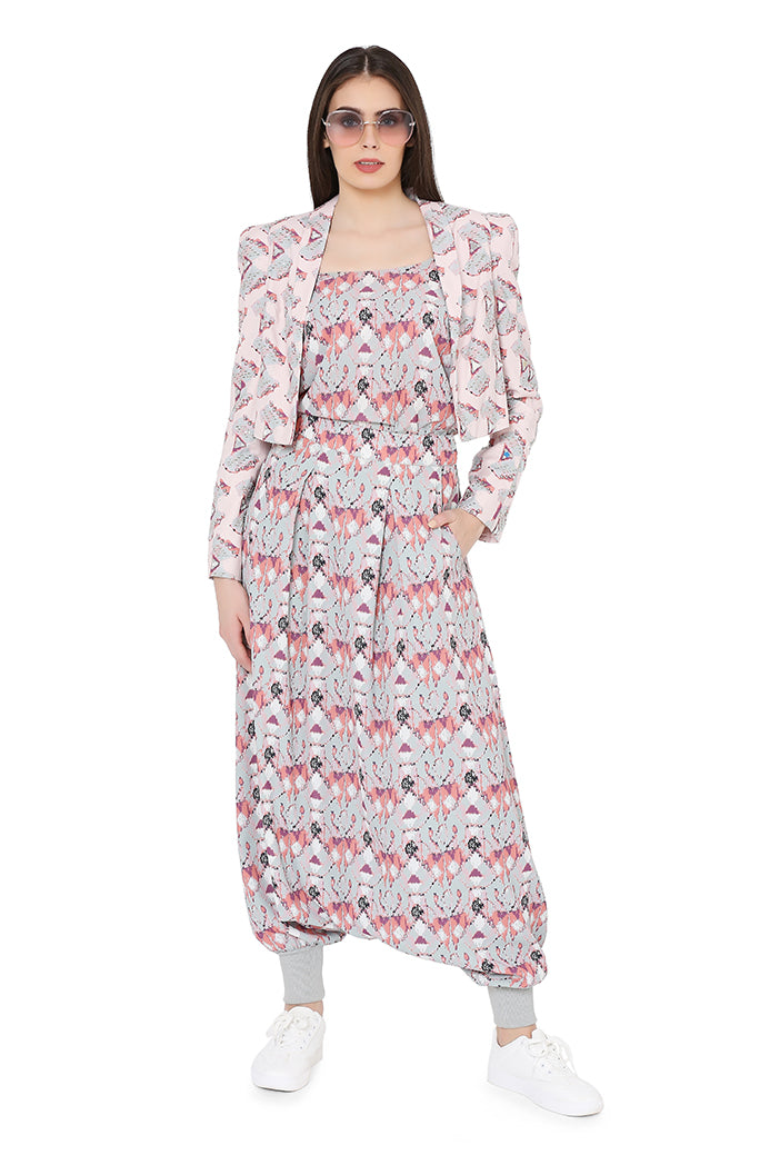Payal singhal Printed Low Crotch Pant With Jacket And Camisole grey pink fusion indian designer wear online shopping melange singapore