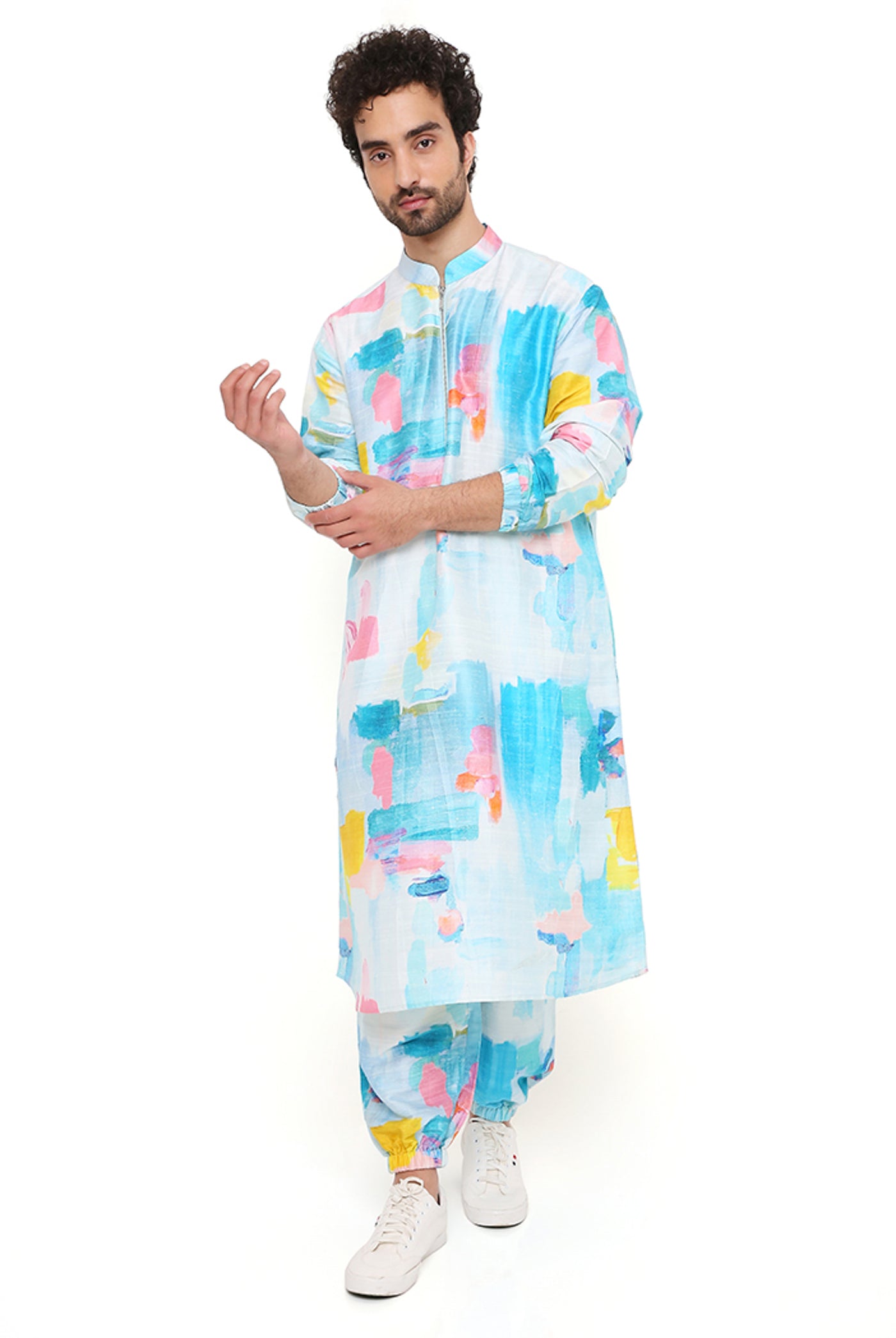 payal singhal menswear Painterly print dupion silk bomber kurta with jogger pants blue festive indian designer wear online shopping melange singapore