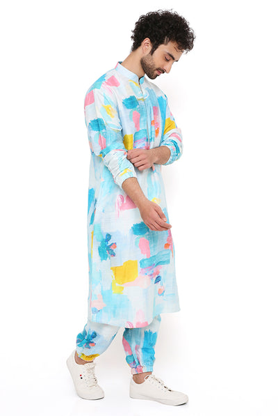 payal singhal menswear Painterly print dupion silk bomber kurta with jogger pants blue festive indian designer wear online shopping melange singapore