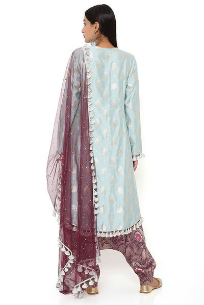 payal singhal Powder Blue Brocade Silk High Low Kurta With Purple Brocade Low Crotch Pant And Purple Mukaish Net Dupatta festive indian designer wear online shopping melange singapore