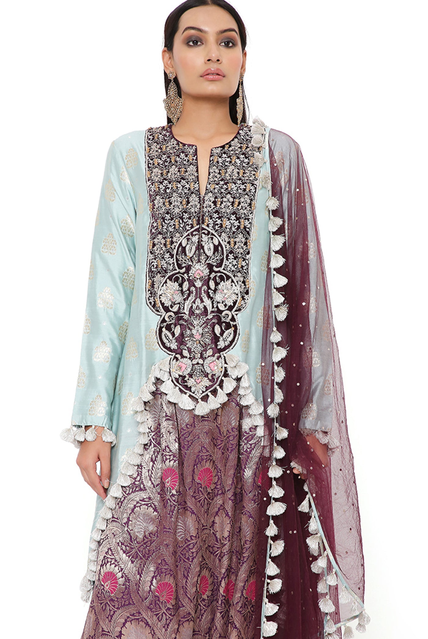 payal singhal Powder Blue Brocade Silk High Low Kurta With Purple Brocade Low Crotch Pant And Purple Mukaish Net Dupatta festive indian designer wear online shopping melange singapore