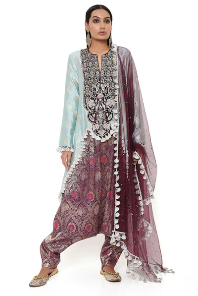 payal singhal Powder Blue Brocade Silk High Low Kurta With Purple Brocade Low Crotch Pant And Purple Mukaish Net Dupatta festive indian designer wear online shopping melange singapore