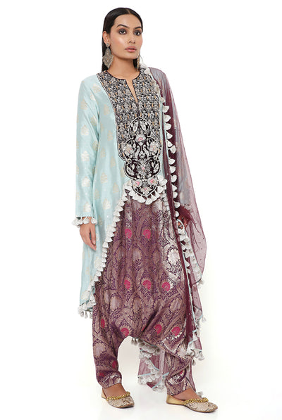 payal singhal Powder Blue Brocade Silk High Low Kurta With Purple Brocade Low Crotch Pant And Purple Mukaish Net Dupatta festive indian designer wear online shopping melange singapore