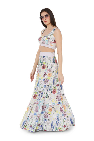 Payal singhal Stone Colour Printed Art Crepe Bustier And Frill Skirt fusion festive online shopping melange singapore indian designer wear