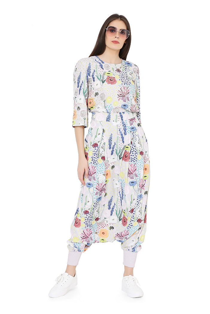 Stone Colour Printed Art Crepe Top With Low Crotch Pant