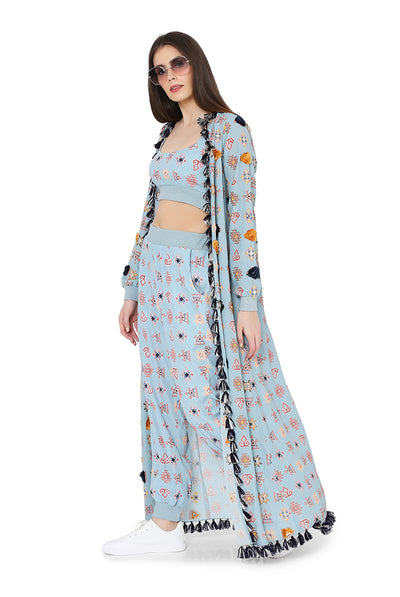 Payal singhal Blue Duster Jacket With Bustier And Jogger Pant lounge wear day indian designer online shopping melange singapore