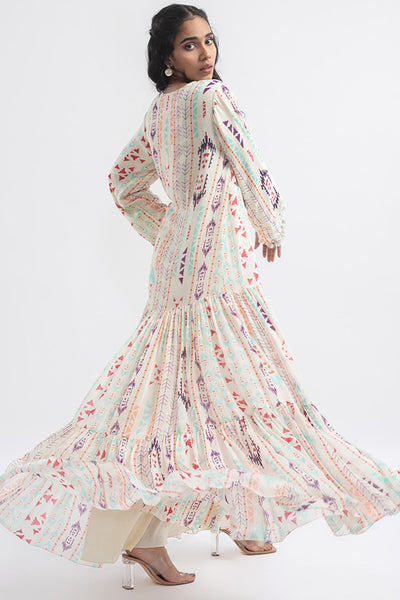 Payal Singhal - Cream Printed Art Georgette Tiered Dress - Melange Singapore - Indian Designer Wear Online Shopping