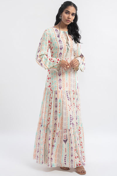 Payal Singhal - Cream Printed Art Georgette Tiered Dress - Melange Singapore - Indian Designer Wear Online Shopping