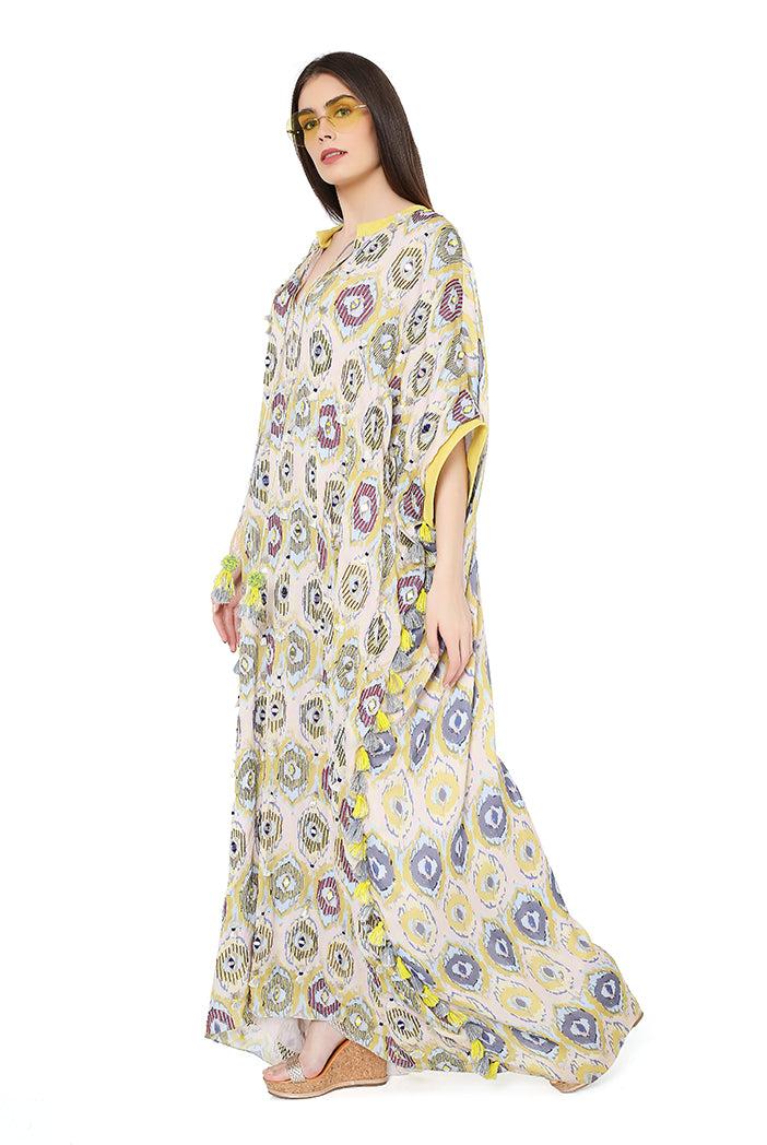 Payal Singhal Yellow Colour Printed Art Silk Free Sized Kaftan resort casual indian designer wear online shopping melange singapore
