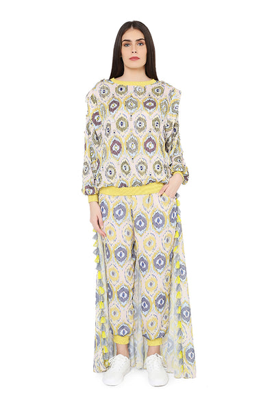 Payal singhal Printed Top With Jogger Pant And Attached Skirt yellow casual resort lounge wear indian designer online shopping melange singapore