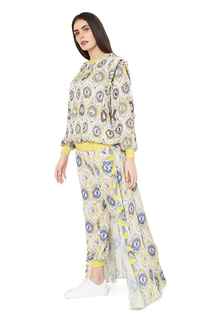 Payal singhal Printed Top With Jogger Pant And Attached Skirt yellow casual resort lounge wear indian designer online shopping melange singapore