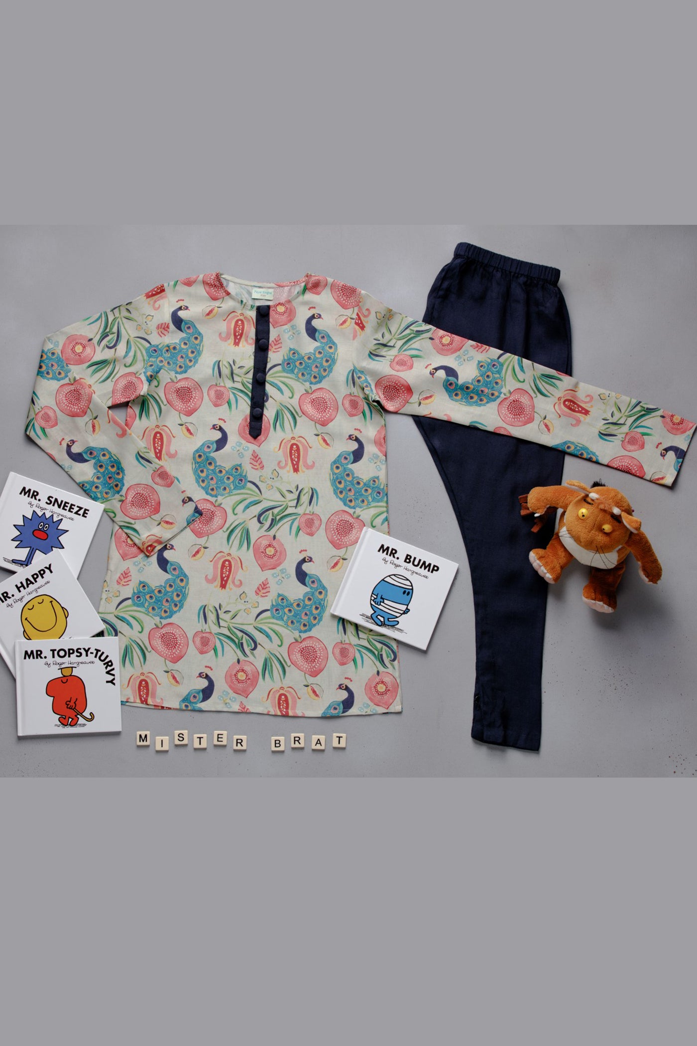 Payal singhal kids Silkmul Kurta Set For Boys khaki navy festive kidswear online shopping melange singapore indian designer wear