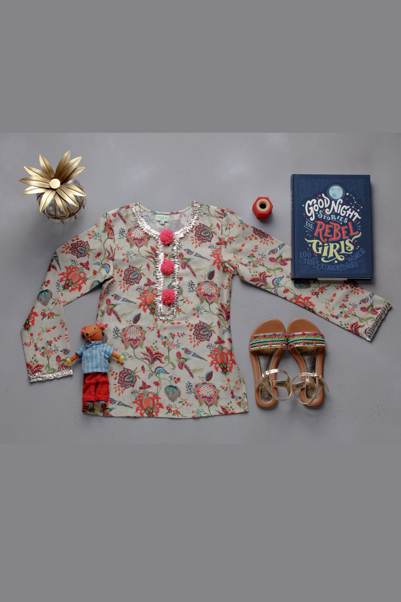 Payal Singhal Khaki Chidiya Print Silkmul Tunic festive kidswear online shopping melange singapore indian designer wear