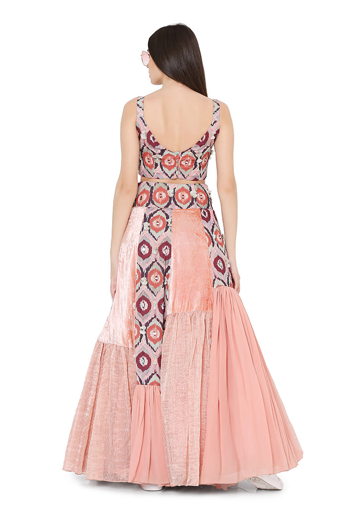 Payal Singhal Printed Choli With Asymmetric Panelled Skirt red coral wedding fusion festive online shopping melange singapore indian designer wear