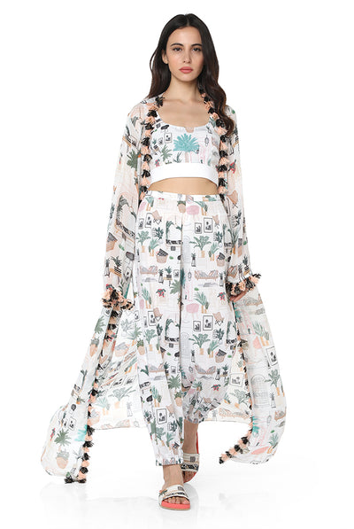 Payal Singhal - White Printed Duster Jacket Set - Melange Singapore - Indian Designer Wear Online Shopping