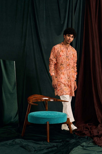 Project bandi Salmon Garden Of Eden Cotton Kurta With Cream Pajama festive indian designer wear online shopping melange singapore menswear