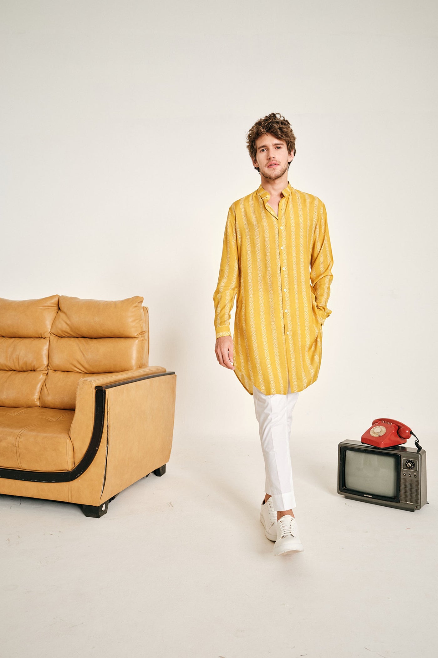Project Bandi Yellow Chevron Stripe Malai Cotton Kurta Pajama Set yellow menswear online shopping melange singapore indian designer wear