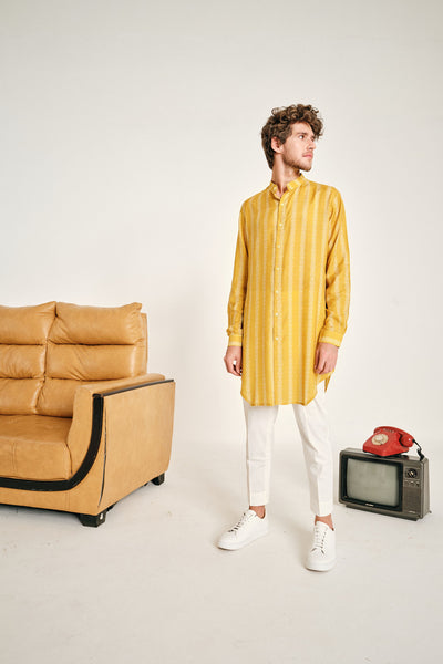 Project Bandi Yellow Chevron Stripe Malai Cotton Kurta Pajama Set yellow menswear online shopping melange singapore indian designer wear