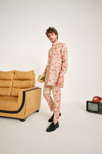 Project Bandi Pink And Cream Floral Rhapsody Kora Chanderi Kurta Pajama Set kurta sets menswear online shopping melange singapore indian designer wear