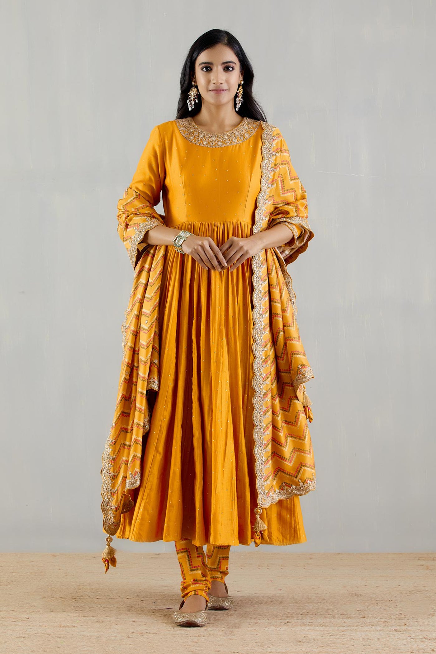 Punit Balana Mustard Anarakli With Printed Dupatta And Chudidar festive indian designer wear online shopping melange singapore